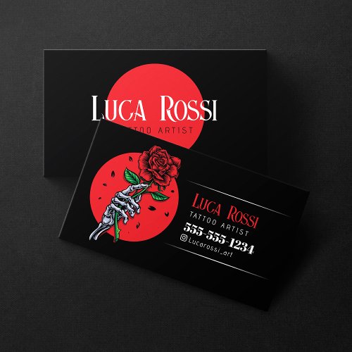 Minimalist Black Red Rose Tattoo Artist Shop Business Card