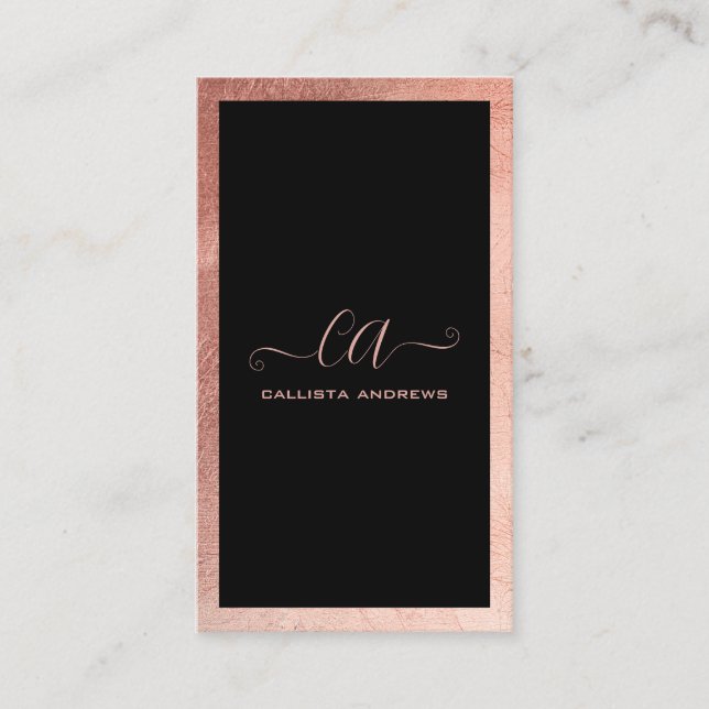 Minimalist Black Rose Gold Foil Border Monogram Business Card (Front)