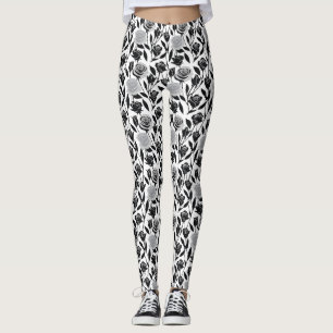 Minimalist Black Roses With Light Gray Stems  Leggings