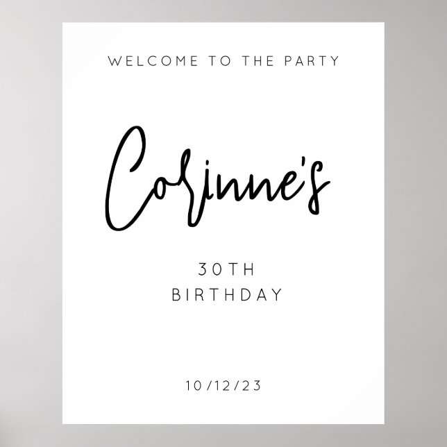 Minimalist Black Script 30th Birthday Welcome Poster (Front)