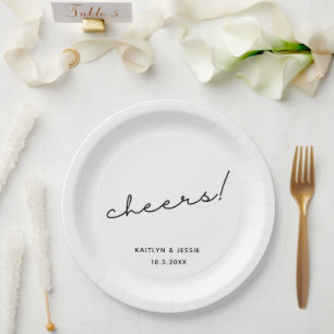 Minimalist Black Script Custom Cheers Wedding Paper Plates