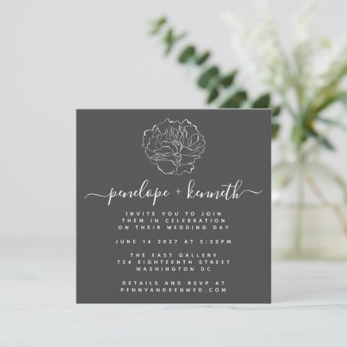 Minimalist Black Script Floral Drawing Wedding Invitation