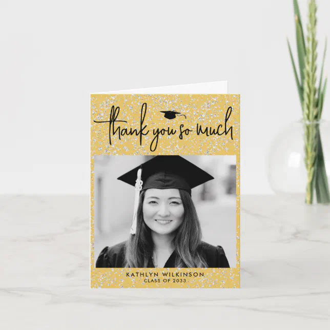 Minimalist Black Script Gold Glitter Graduation Thank You Card | Zazzle