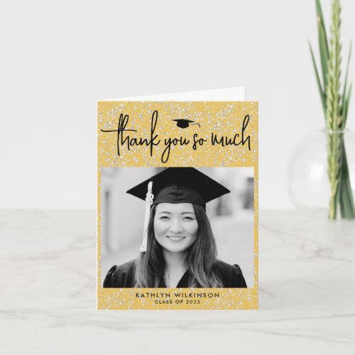 Minimalist Black Script Gold Glitter Graduation Thank You Card