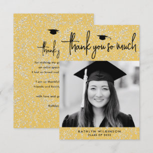 Minimalist Black Script Gold Glitter Photo GRAD Thank You Card