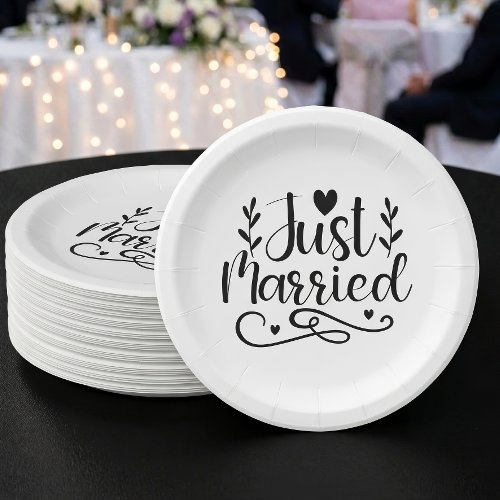 Minimalist Black Script Just Married Wedding Paper Plates