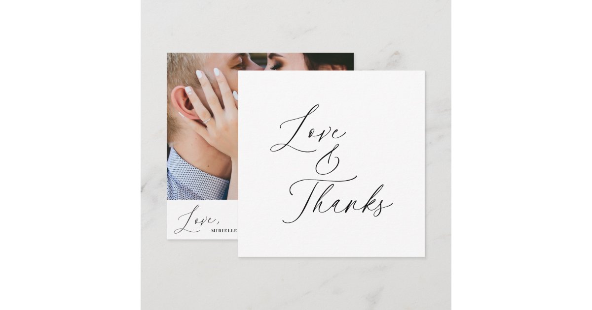 Minimalist Black Script Love Thanks Wedding Photo Thank You Card | Zazzle