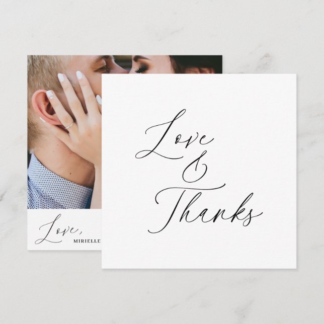 Minimalist Black Script Love Thanks Wedding Photo  Thank You Card (Front/Back)