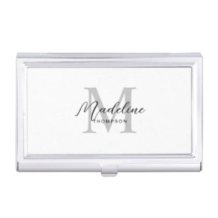 Minimalist Black Script Modern White Gray Monogram Business Card Case