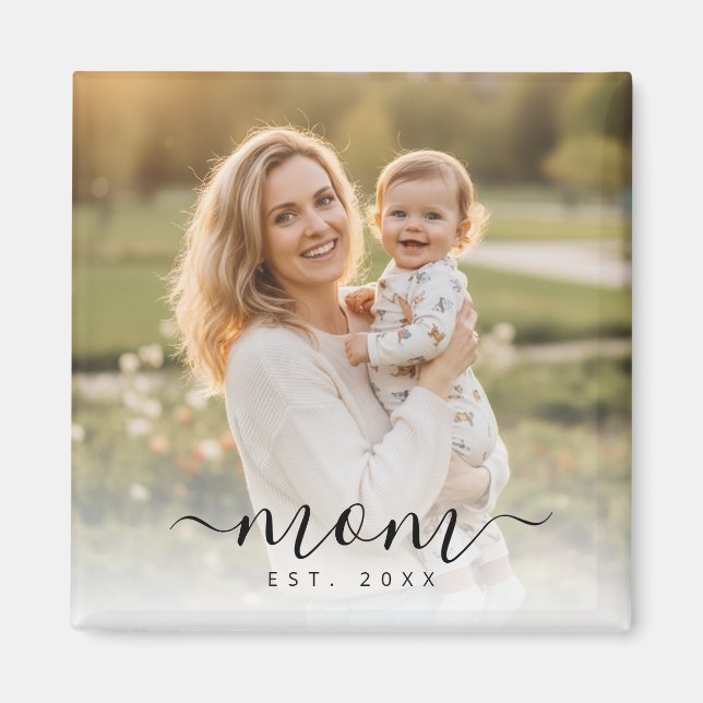 Minimalist Black Script Mom Est Year Magnet (Front)