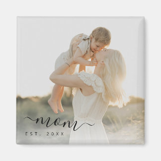 Minimalist Black Script Mom Est Year Magnet