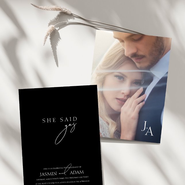 Minimalist Black Script Photo Wedding Invitation (She said Yes! Black Simple Script Photo Wedding Invitation)