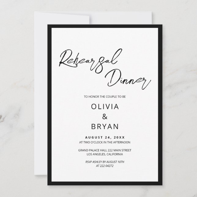 Minimalist Black Script Rehearsal  Invitation (Front)