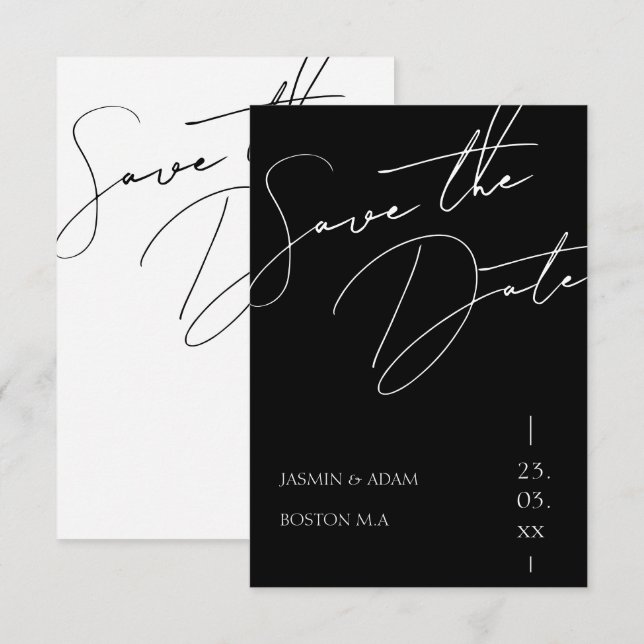 Minimalist Black Script Typography Wedding Save The Date (Front/Back)