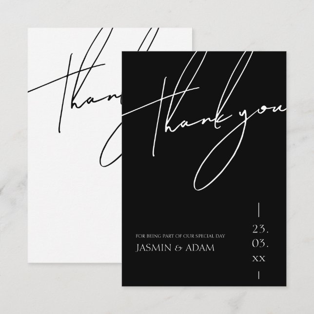Minimalist Black Script Typography Wedding Thank You Card (Front/Back)