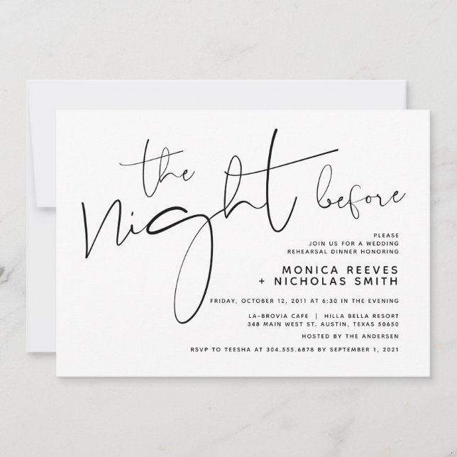 Minimalist Black Script Wedding Rehearsal Dinner Invitation (Front)
