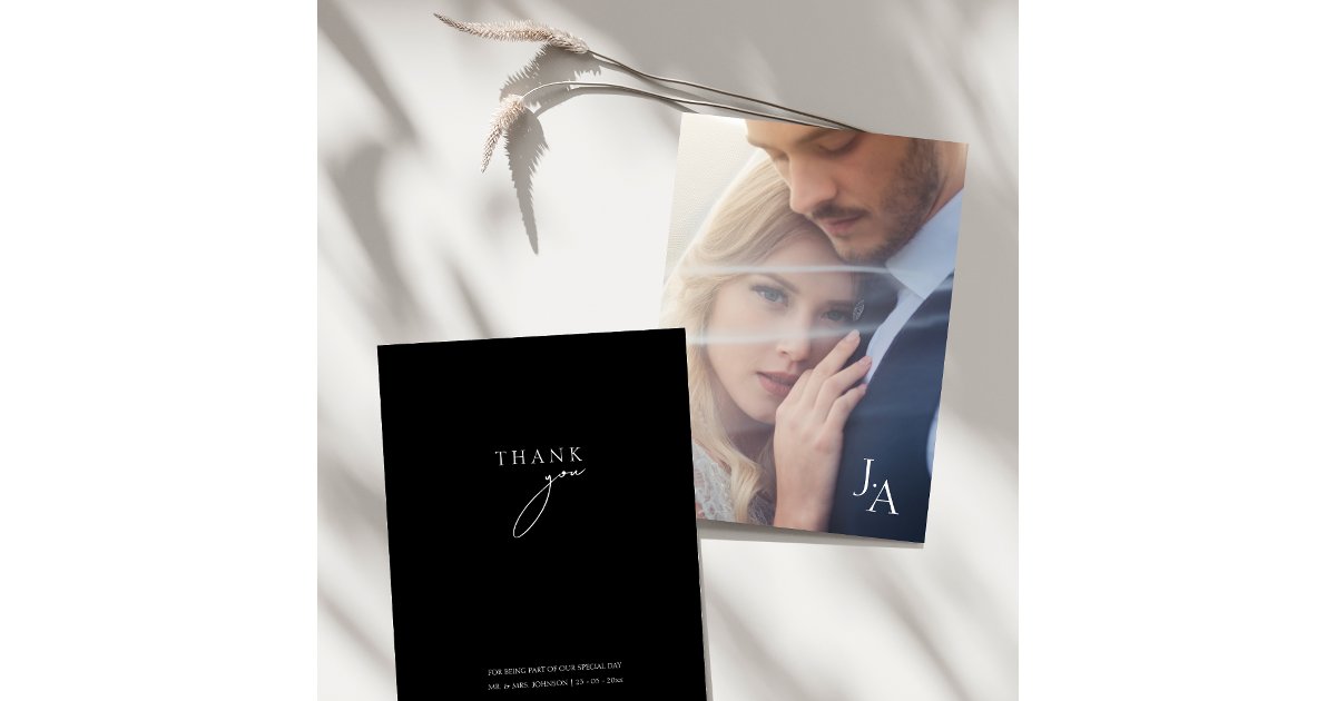 Minimalist Black Simple Script Photo Wedding Thank You Card | Zazzle
