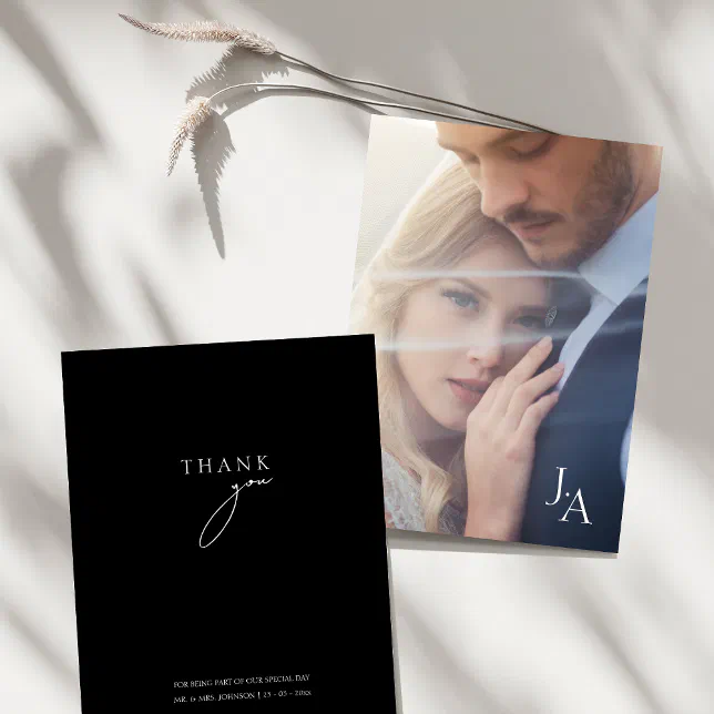 Minimalist Black Simple Script Photo Wedding Thank You Card | Zazzle