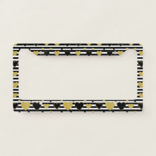 Minimalist Black Stripe Gold Heart Pattern License Plate Frame