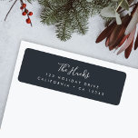 Minimalist Black Stylish Scandi Return Address Label<br><div class="desc">A stylish modern holiday return address label with a handwritten script font for your family name in white with a dark bluish off black feature color in a 'scandi' scandinavian design style. The name and address can be easily customized for a personal touch. A trendy, minimalist and contemporary design to...</div>