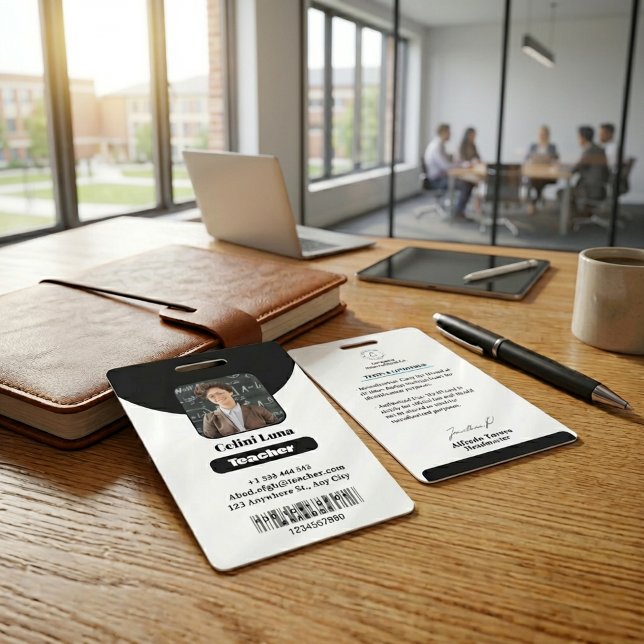 Minimalist Black Teacher Photo ID Badge  (Minimalist Black Teacher Photo ID Badge with Simple White Typography)