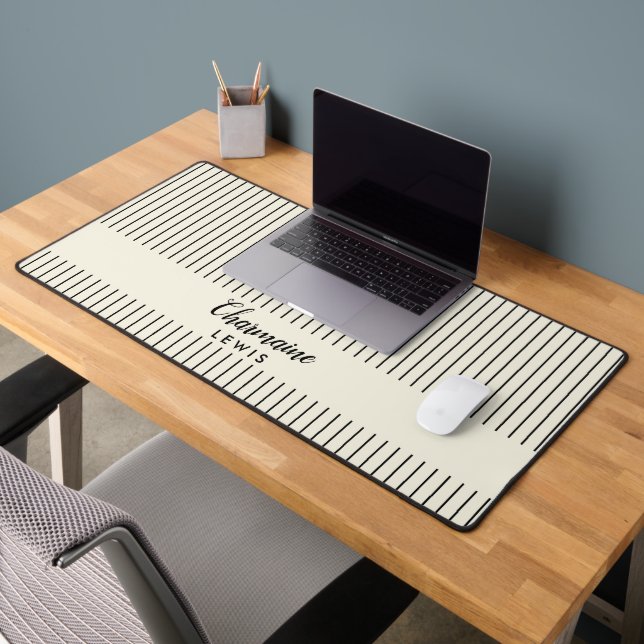 Minimalist black thin stripes personalized tan desk mat (Office 2)