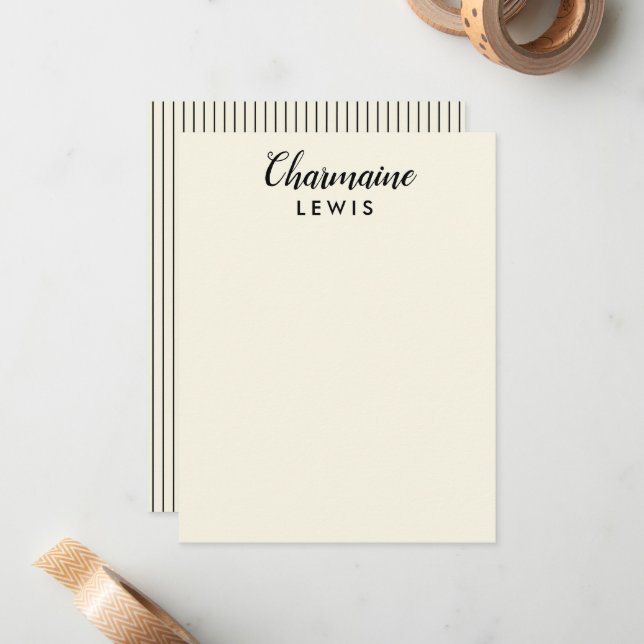 Minimalist black thin stripes personalized tan note card (Front/Back In Situ)
