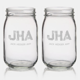 MINIMALIST BLACK THREE LETTER MONOGRAM NAME CLEAR MASON JAR