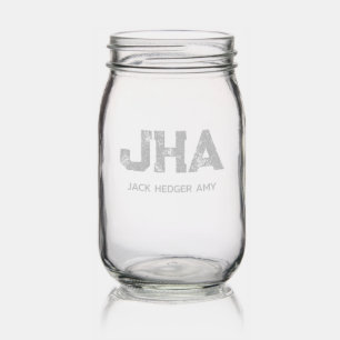 MINIMALIST BLACK THREE LETTER MONOGRAM NAME CLEAR MASON JAR