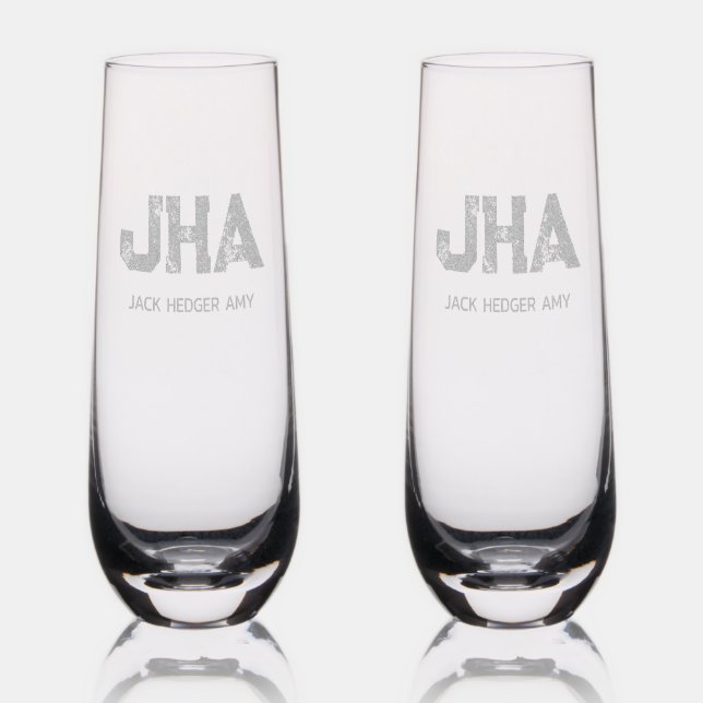 MINIMALIST BLACK THREE LETTER MONOGRAM NAME CLEAR STEMLESS CHAMPAGNE FLUTE (Glassware)