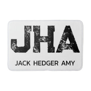 MINIMALIST BLACK THREE LETTER MONOGRAM NAME WHITE BATH MAT