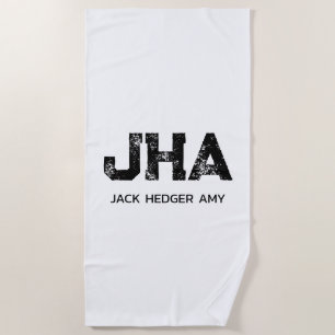 MINIMALIST BLACK THREE LETTER MONOGRAM NAME WHITE BEACH TOWEL