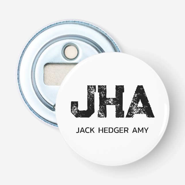 MINIMALIST BLACK THREE LETTER MONOGRAM NAME WHITE BOTTLE OPENER (Front)