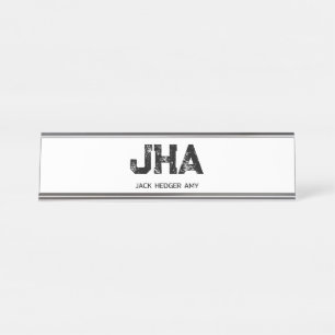 MINIMALIST BLACK THREE LETTER MONOGRAM NAME WHITE DESK NAME PLATE
