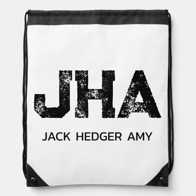 MINIMALIST BLACK THREE LETTER MONOGRAM NAME WHITE DRAWSTRING BAG (Front)