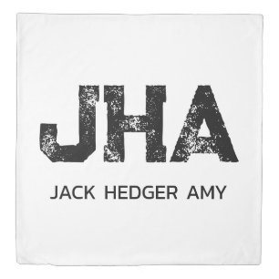 MINIMALIST BLACK THREE LETTER MONOGRAM NAME WHITE DUVET COVER