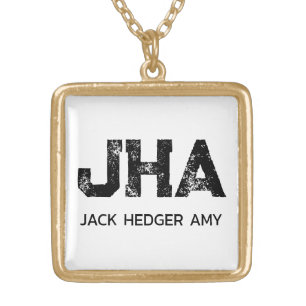 MINIMALIST BLACK THREE LETTER MONOGRAM NAME WHITE GOLD PLATED NECKLACE