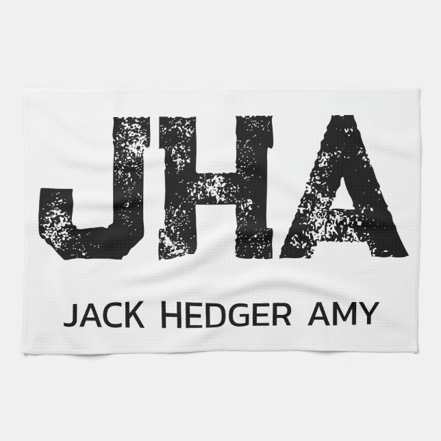 MINIMALIST BLACK THREE LETTER MONOGRAM NAME WHITE KITCHEN TOWEL (Horizontal)