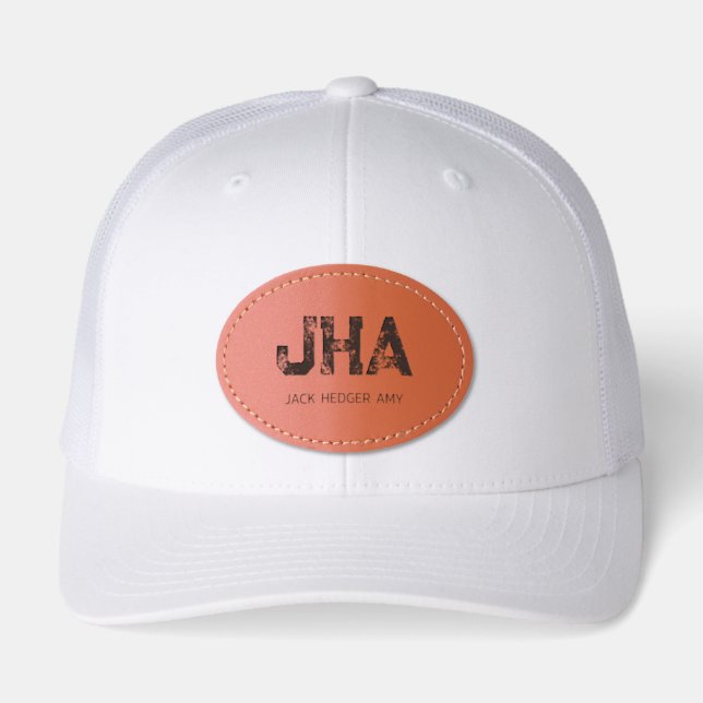 MINIMALIST BLACK THREE LETTER MONOGRAM NAME WHITE LEATHER PATCH HAT (Front)