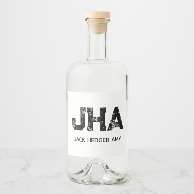 MINIMALIST BLACK THREE LETTER MONOGRAM NAME WHITE LIQUOR BOTTLE LABEL (Front)