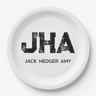 MINIMALIST BLACK THREE LETTER MONOGRAM NAME WHITE PAPER PLATES