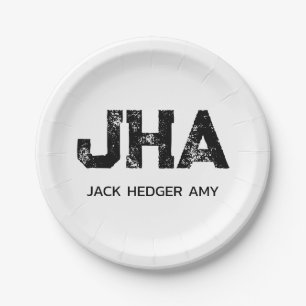 MINIMALIST BLACK THREE LETTER MONOGRAM NAME WHITE PAPER PLATES