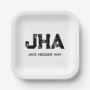 MINIMALIST BLACK THREE LETTER MONOGRAM NAME WHITE PAPER PLATES