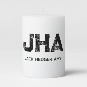 MINIMALIST BLACK THREE LETTER MONOGRAM NAME WHITE PILLAR CANDLE