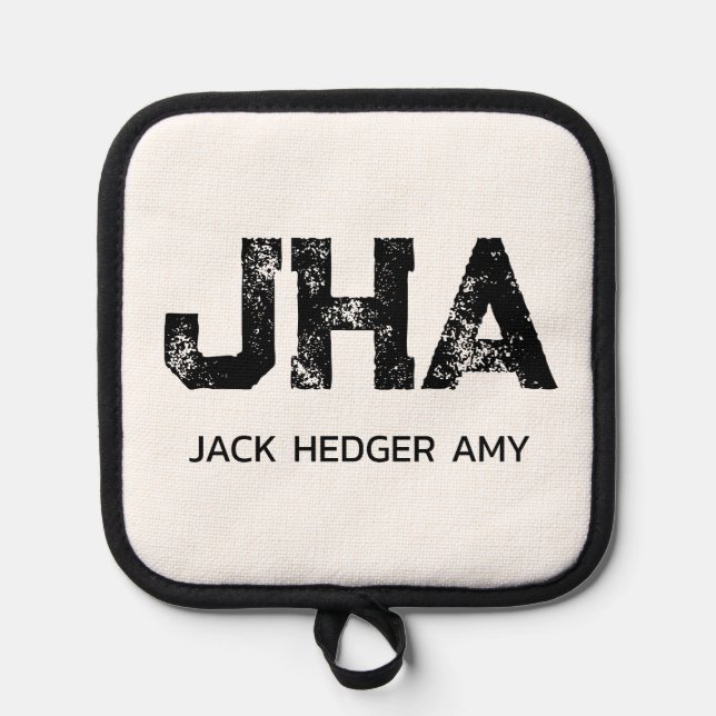 MINIMALIST BLACK THREE LETTER MONOGRAM NAME WHITE POT HOLDER (Front)