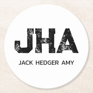 MINIMALIST BLACK THREE LETTER MONOGRAM NAME WHITE ROUND PAPER COASTER