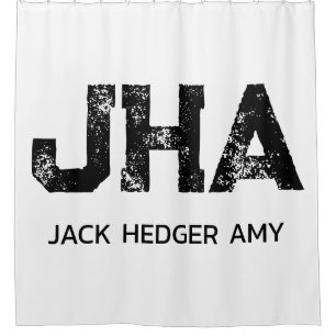 MINIMALIST BLACK THREE LETTER MONOGRAM NAME WHITE SHOWER CURTAIN