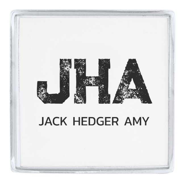 MINIMALIST BLACK THREE LETTER MONOGRAM NAME WHITE SILVER FINISH LAPEL PIN (Front)