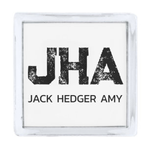 MINIMALIST BLACK THREE LETTER MONOGRAM NAME WHITE SILVER FINISH LAPEL PIN