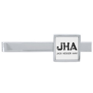 MINIMALIST BLACK THREE LETTER MONOGRAM NAME WHITE SILVER FINISH TIE BAR